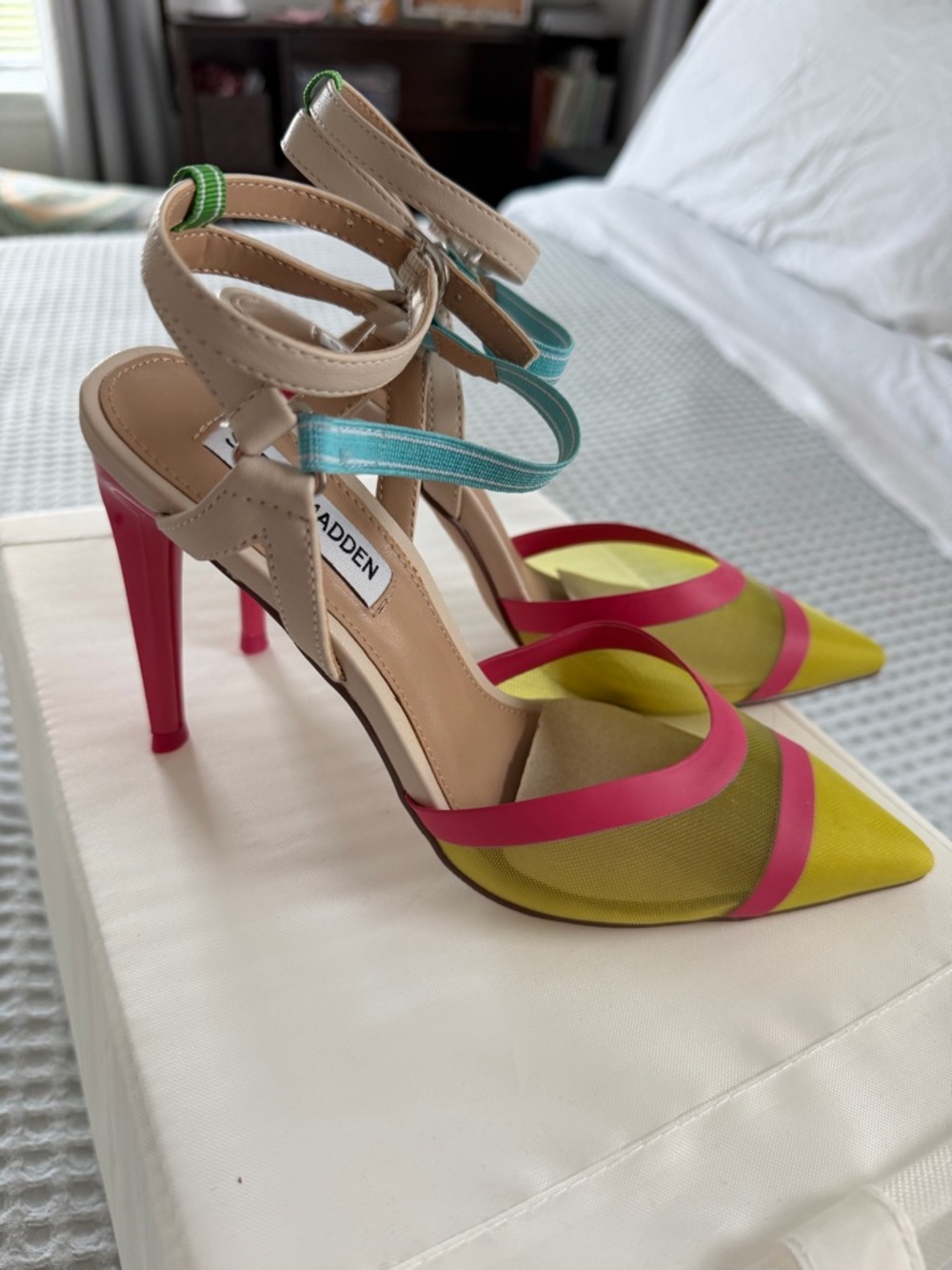 Steve Madden Aford Pointed Neon Yellow and Pink Pointed Ankle-Strap Heels NEW!!